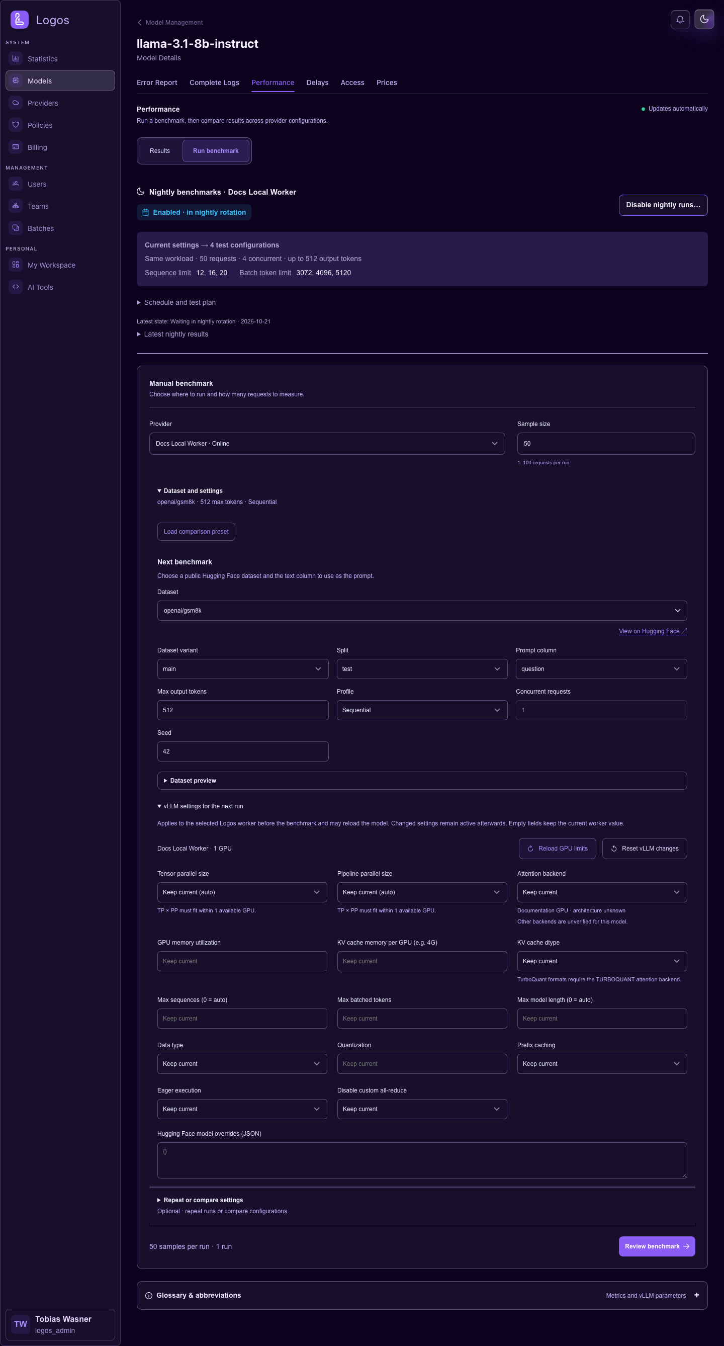 Dark mode with vLLM controls and parameter hints