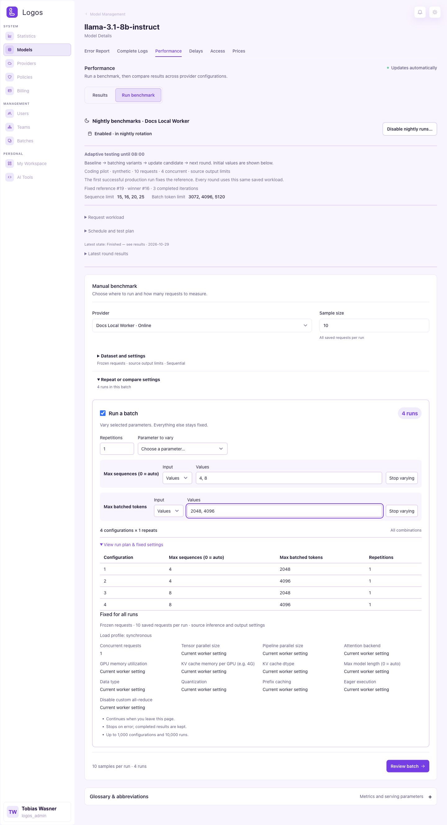 Frozen request batch plan and fixed settings