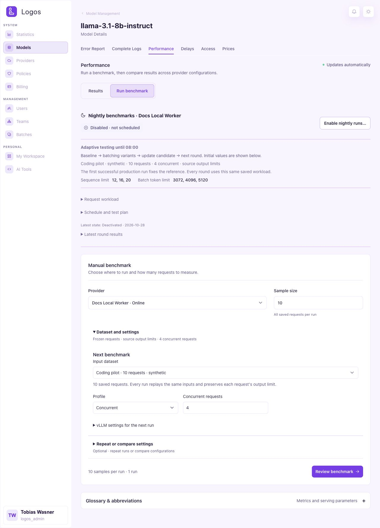 Manual benchmark with a saved request dataset