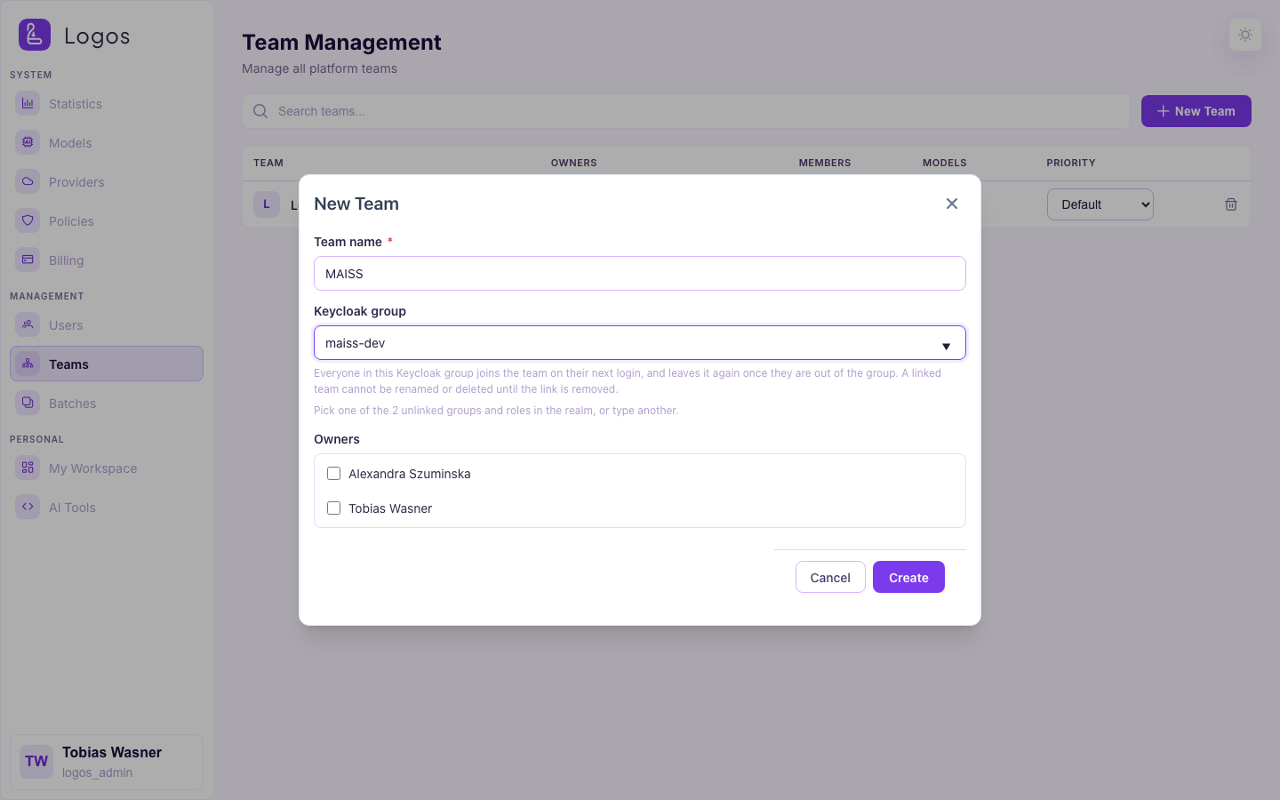 New Team dialog with a Keycloak group
