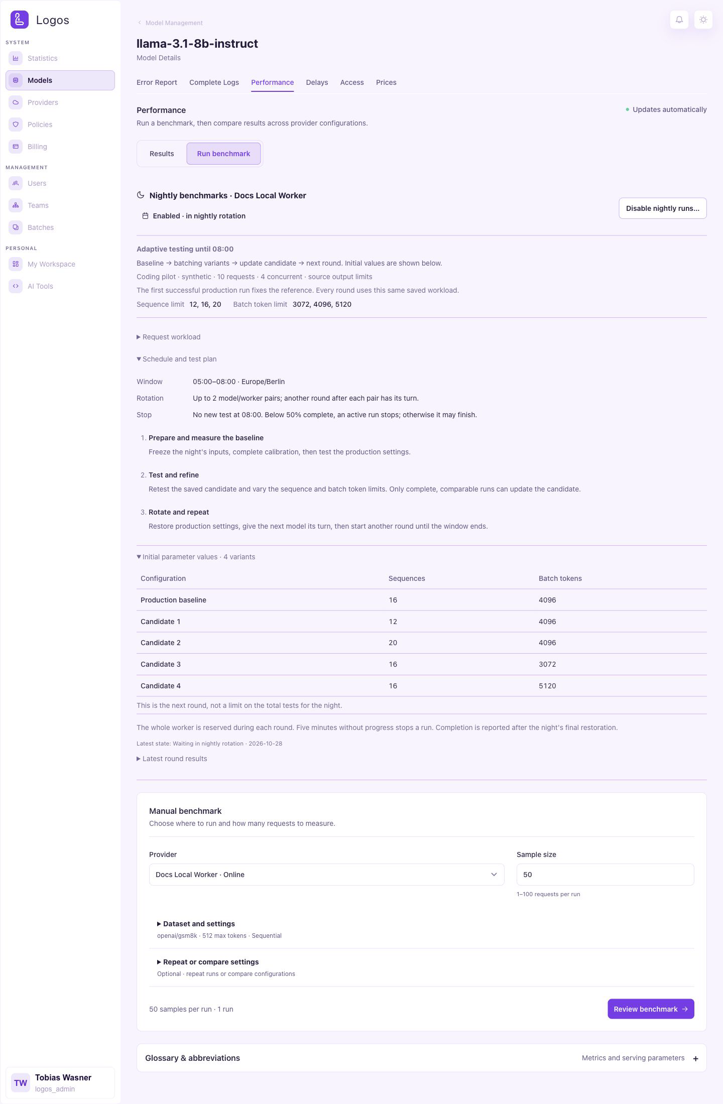 Manual benchmark controls and active nightly test plan