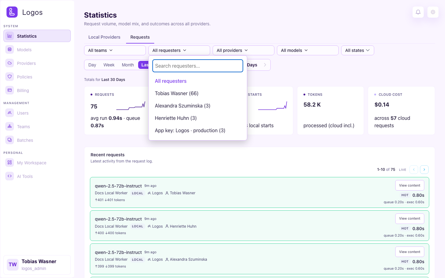 Requesters list with people and application keys